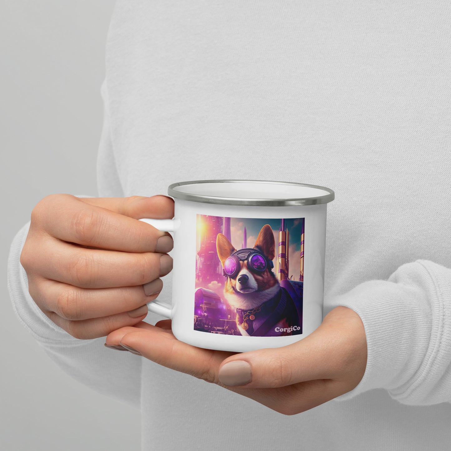 Cyber Punk Corgi with Sunglasses Enamel Mug