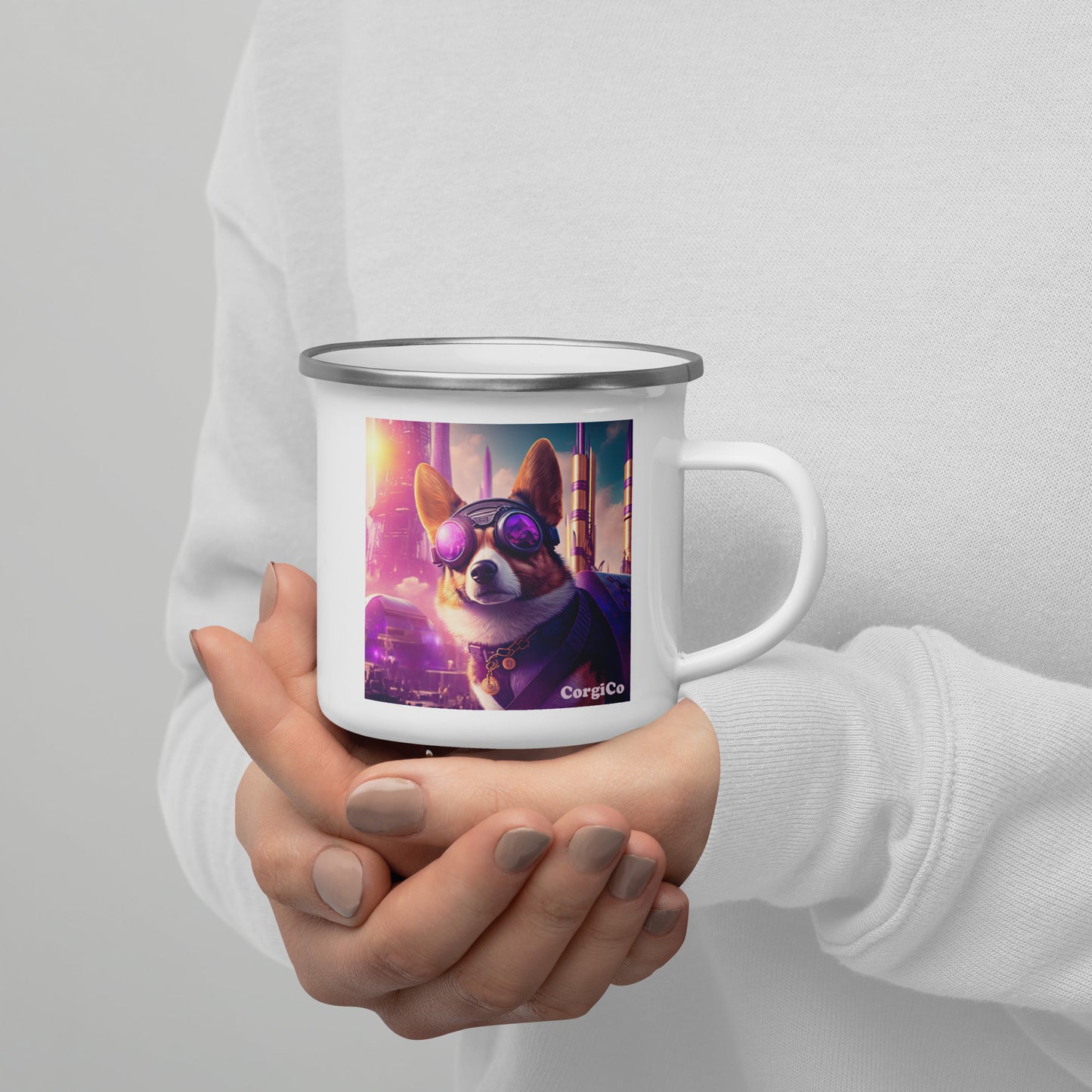 Cyber Punk Corgi with Sunglasses Enamel Mug