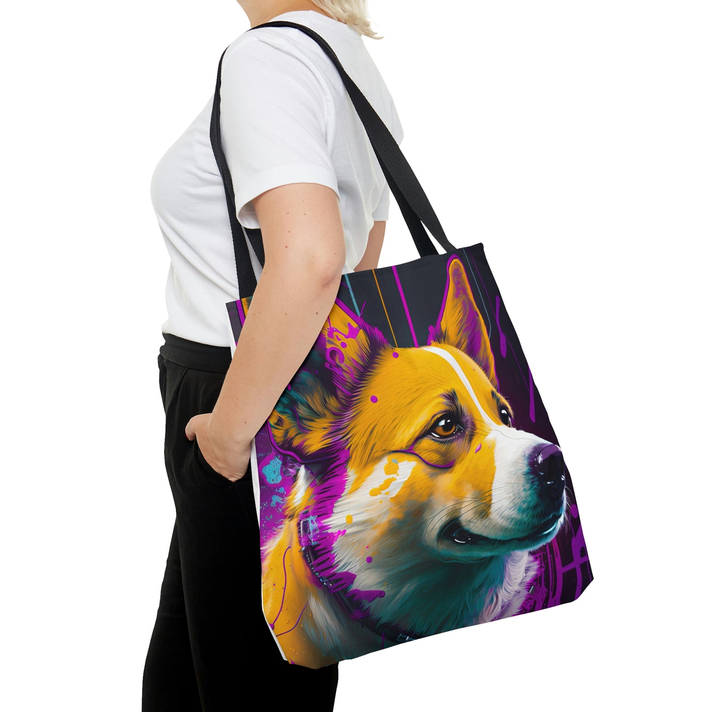 Purple Paint Drip Corgi Tote Bag (AOP)