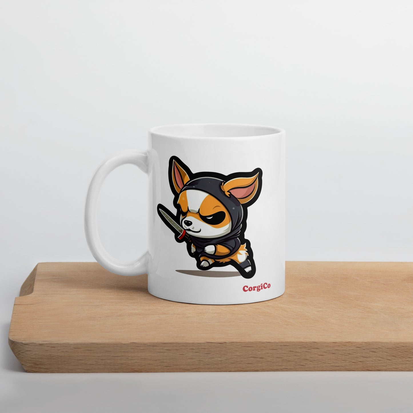 Cute Caffeine Assassin Corgi White glossy mug