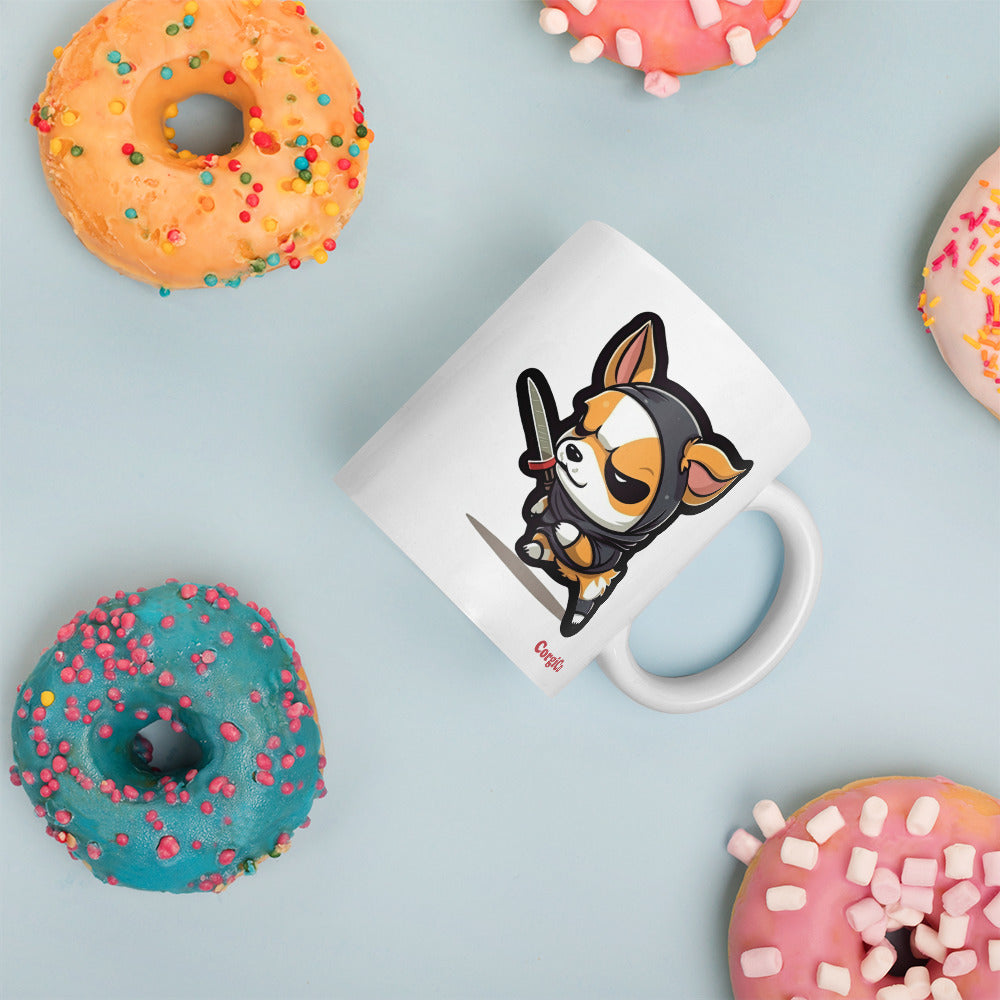 Cute Caffeine Assassin Corgi White glossy mug