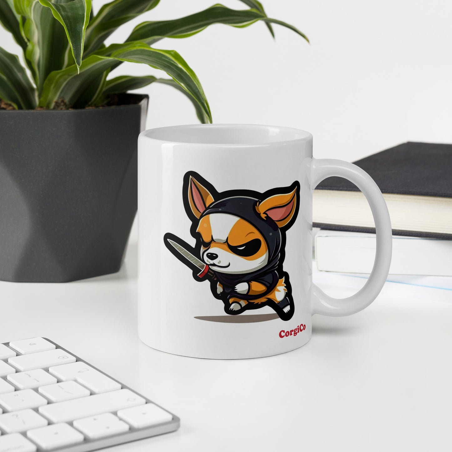 Cute Caffeine Assassin Corgi White glossy mug