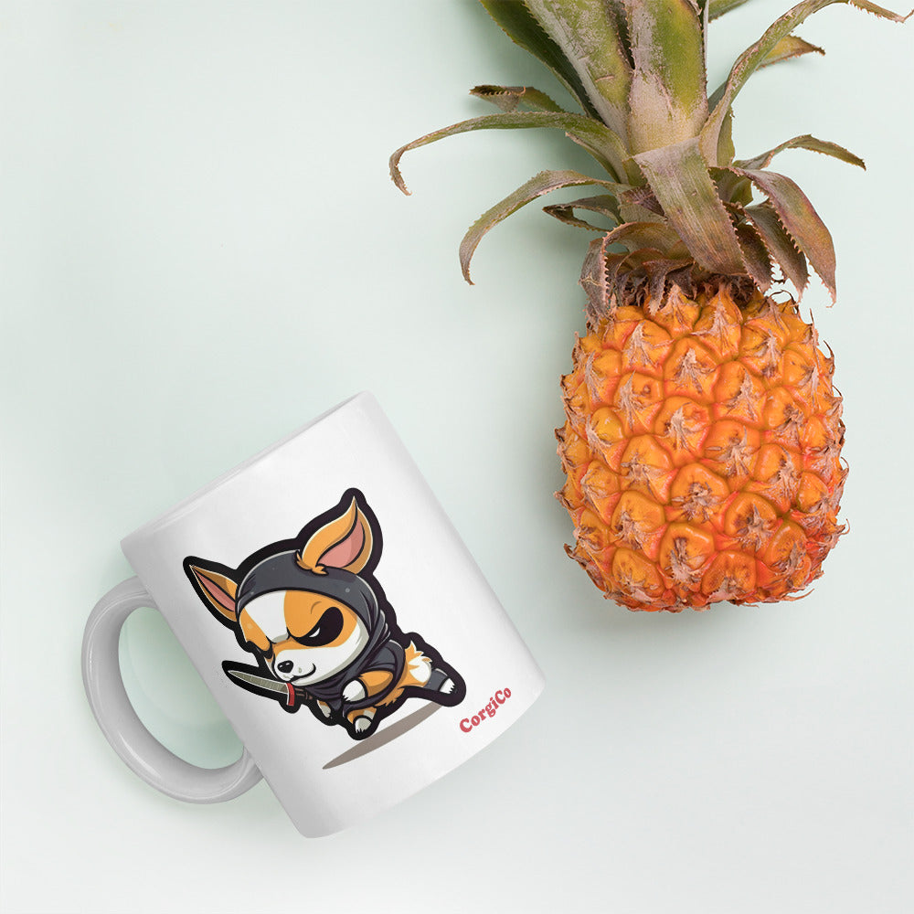 Cute Caffeine Assassin Corgi White glossy mug