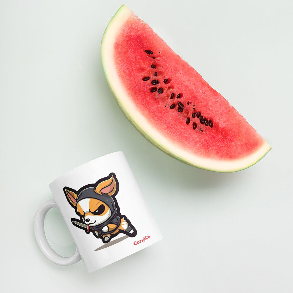 Cute Caffeine Assassin Corgi White glossy mug