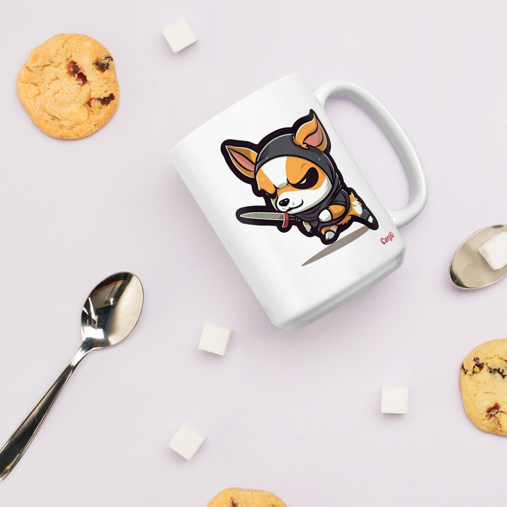 Cute Caffeine Assassin Corgi White glossy mug