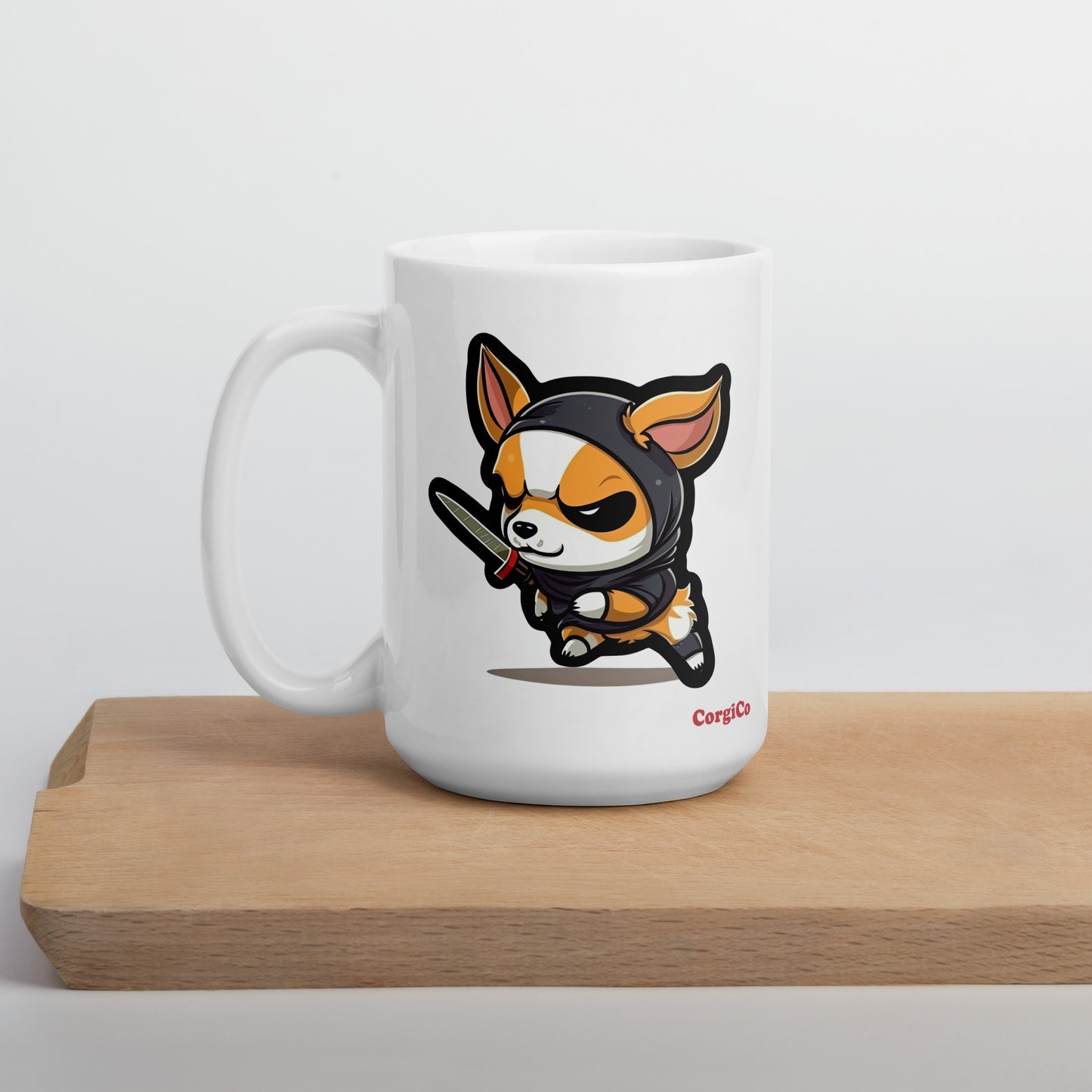 Cute Caffeine Assassin Corgi White glossy mug