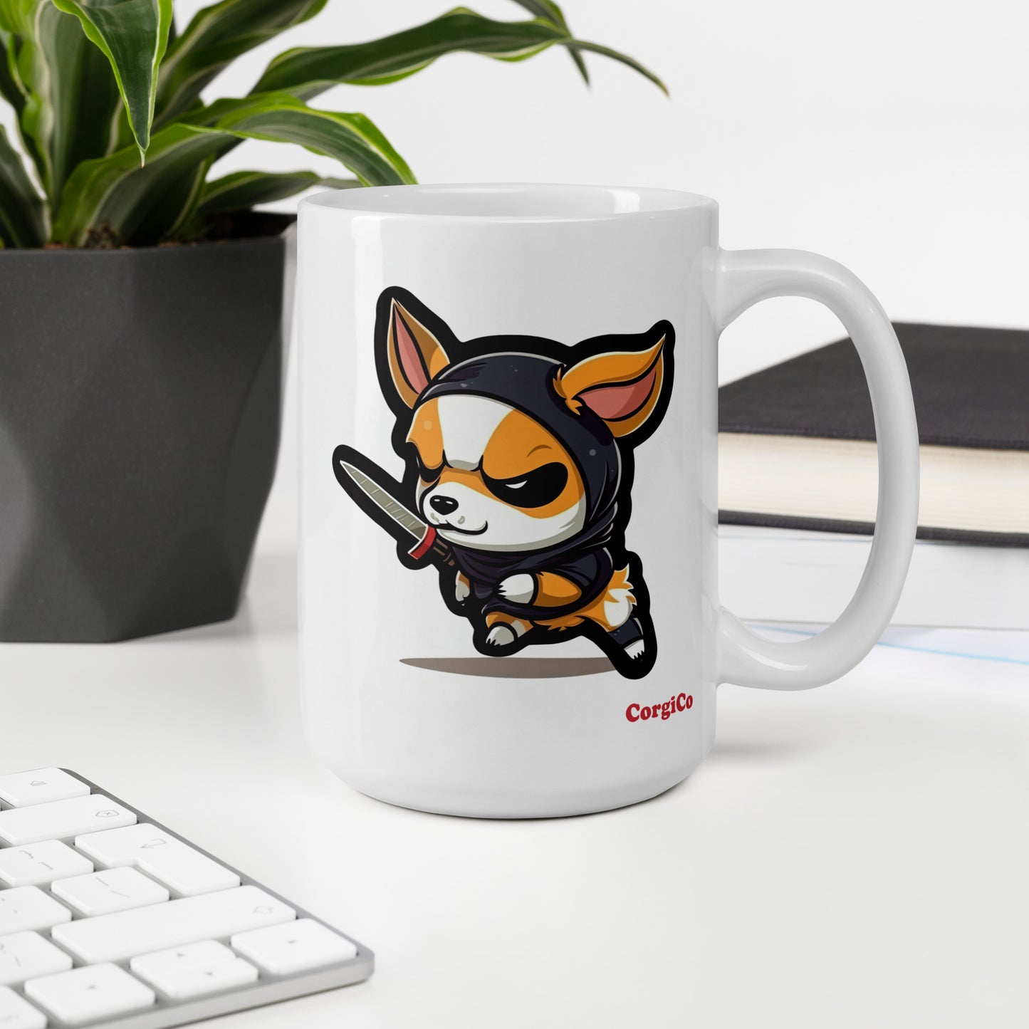 Cute Caffeine Assassin Corgi White glossy mug