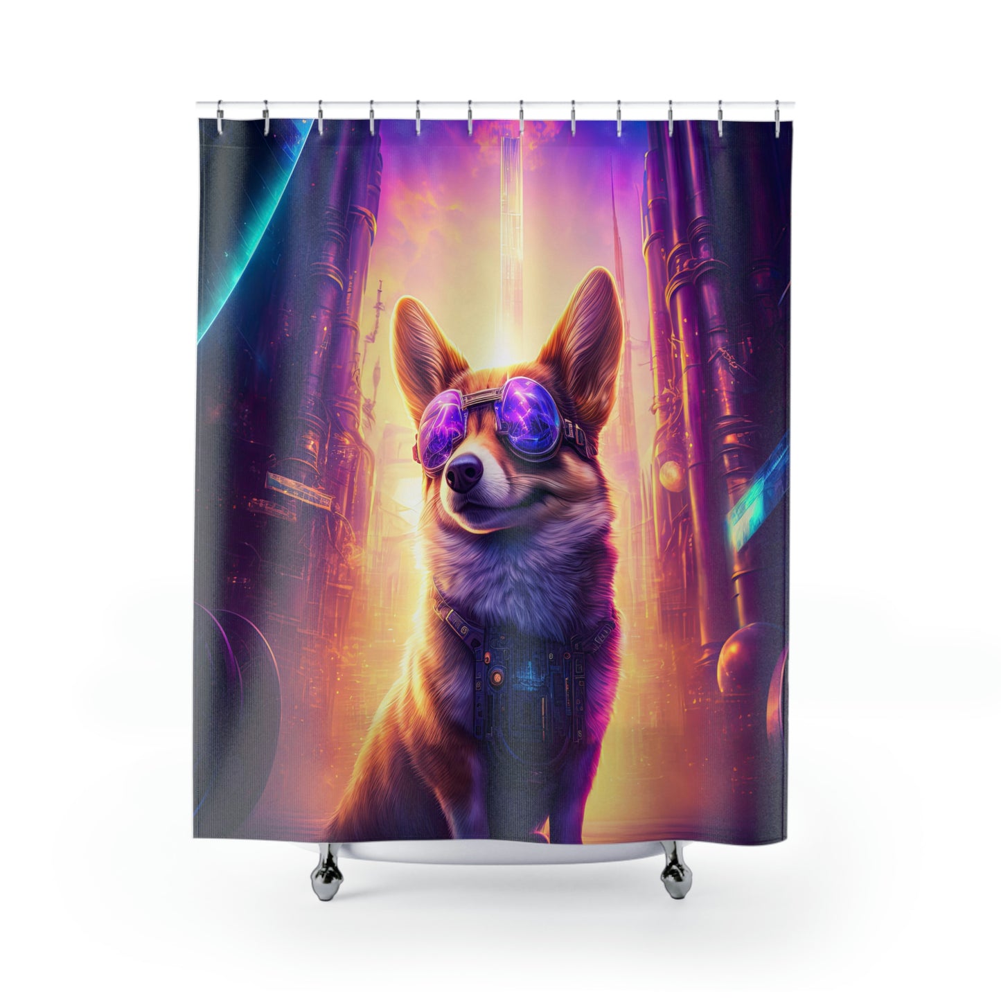 Cyberpunk Corgi With Sunglasses Shower Curtain