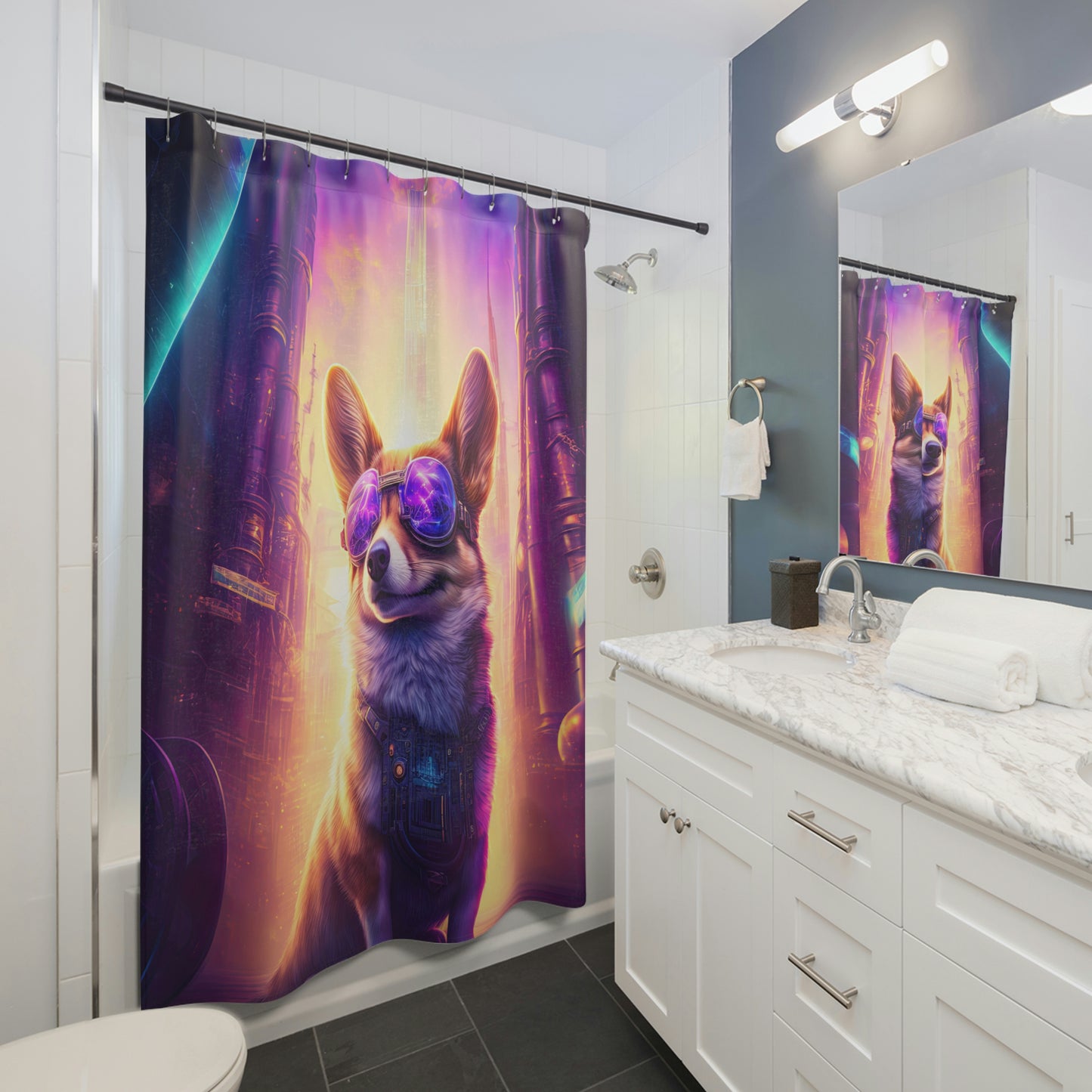 Cyberpunk Corgi With Sunglasses Shower Curtain