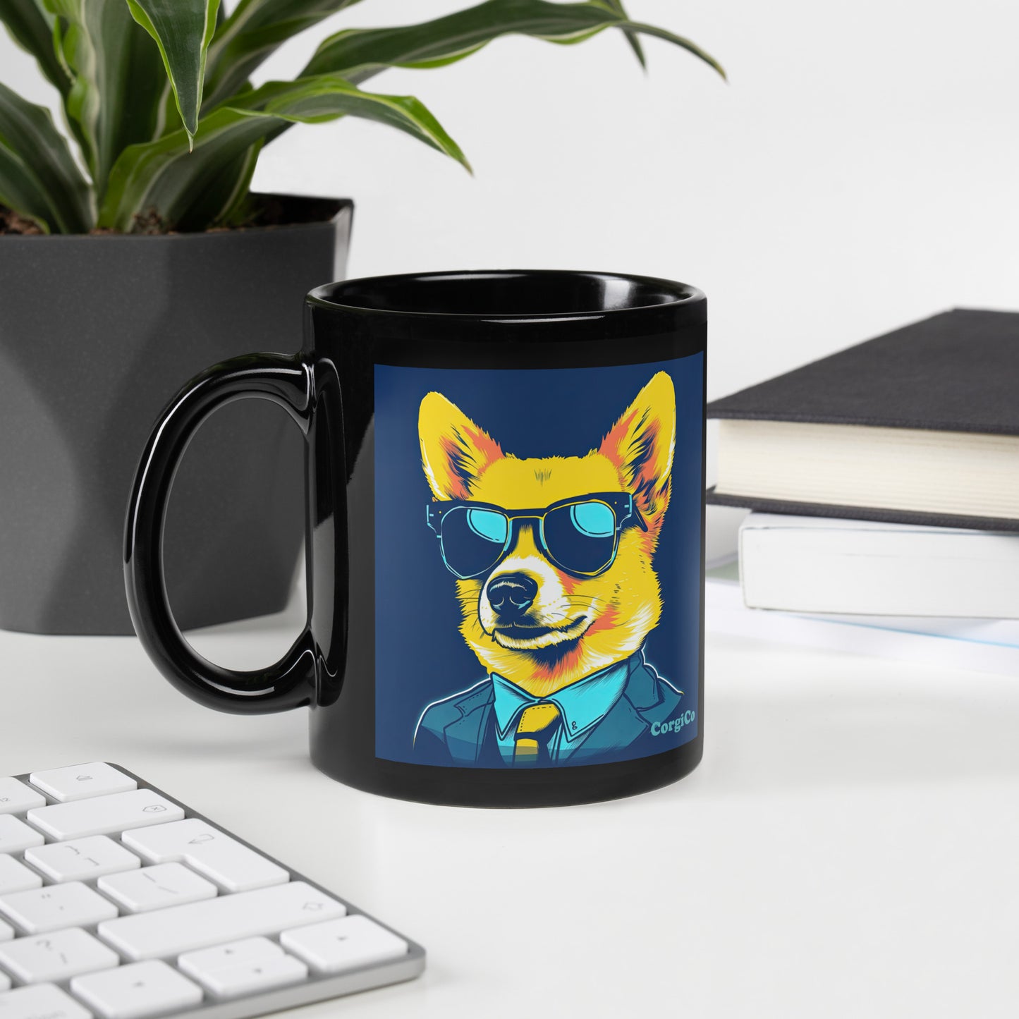 Suit and Tie Corgi with Sunglasses Black Coffee Mug