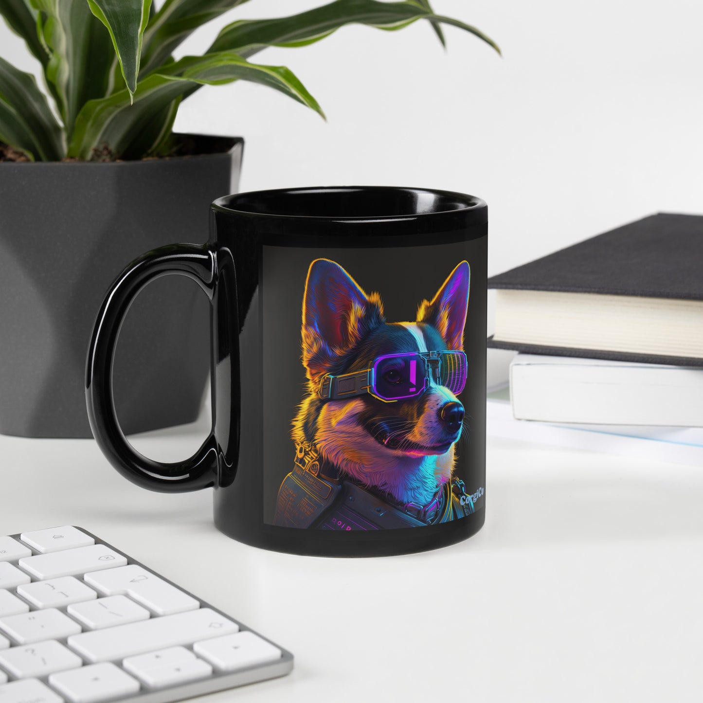 Cyber Security Corgi with Sunglasses Black Coffee Mug