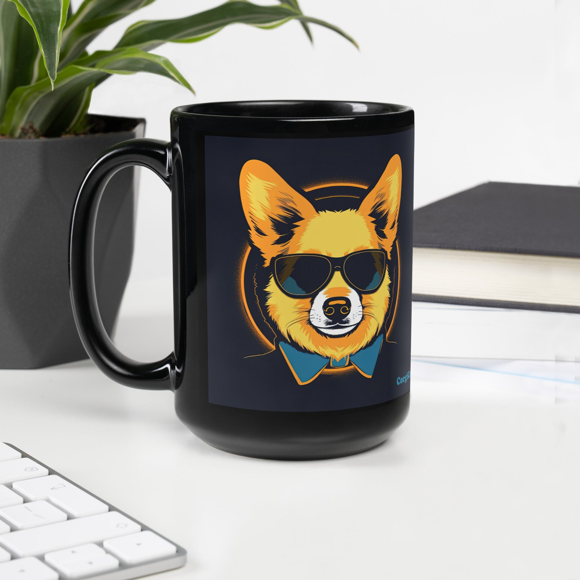 Cool Corgi with Sunglasses Black Coffee Mug