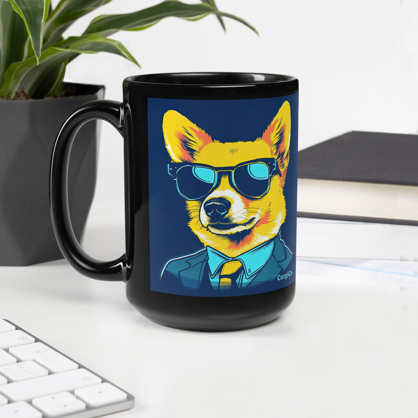 Suit and Tie Corgi with Sunglasses Black Coffee Mug