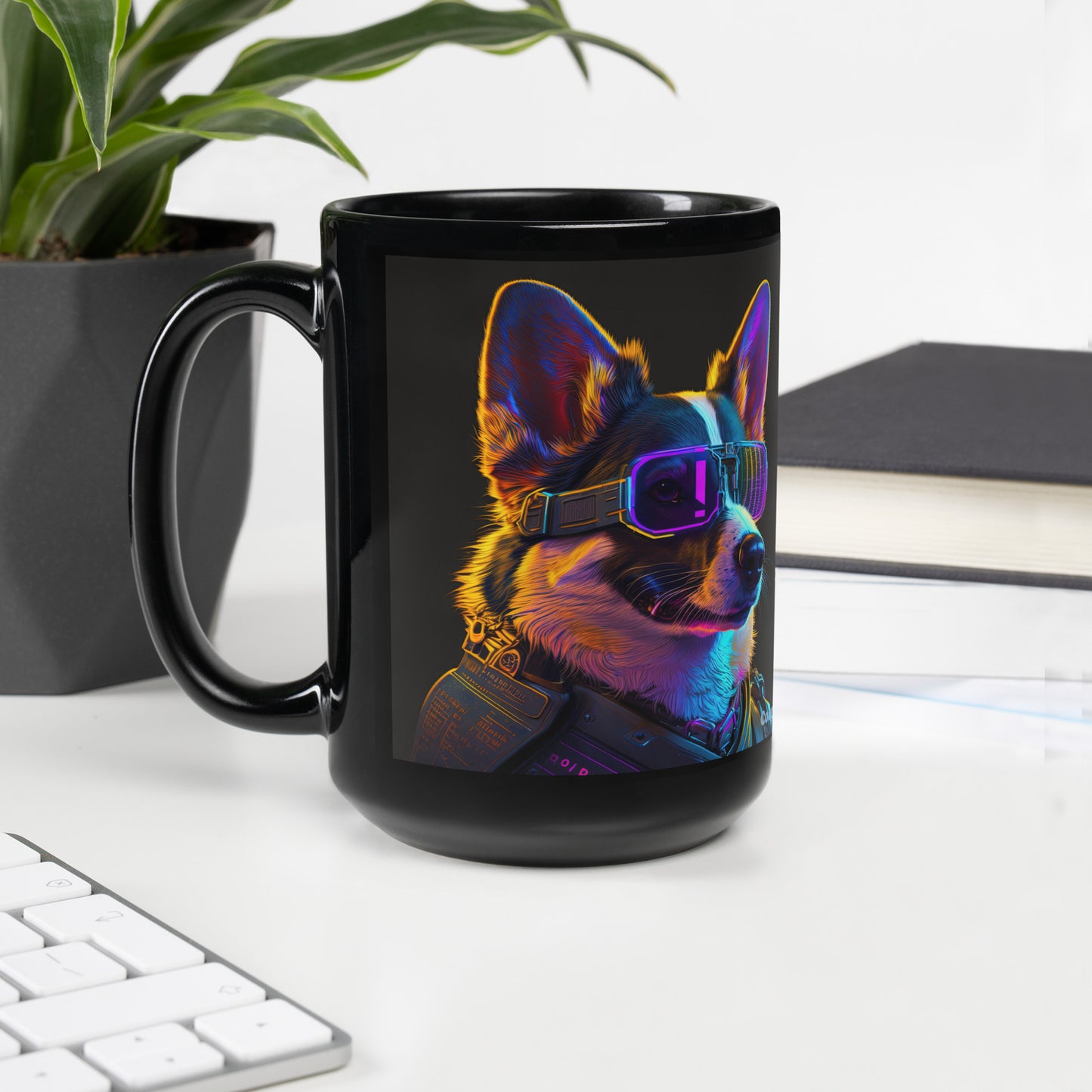 Cyber Security Corgi with Sunglasses Black Coffee Mug