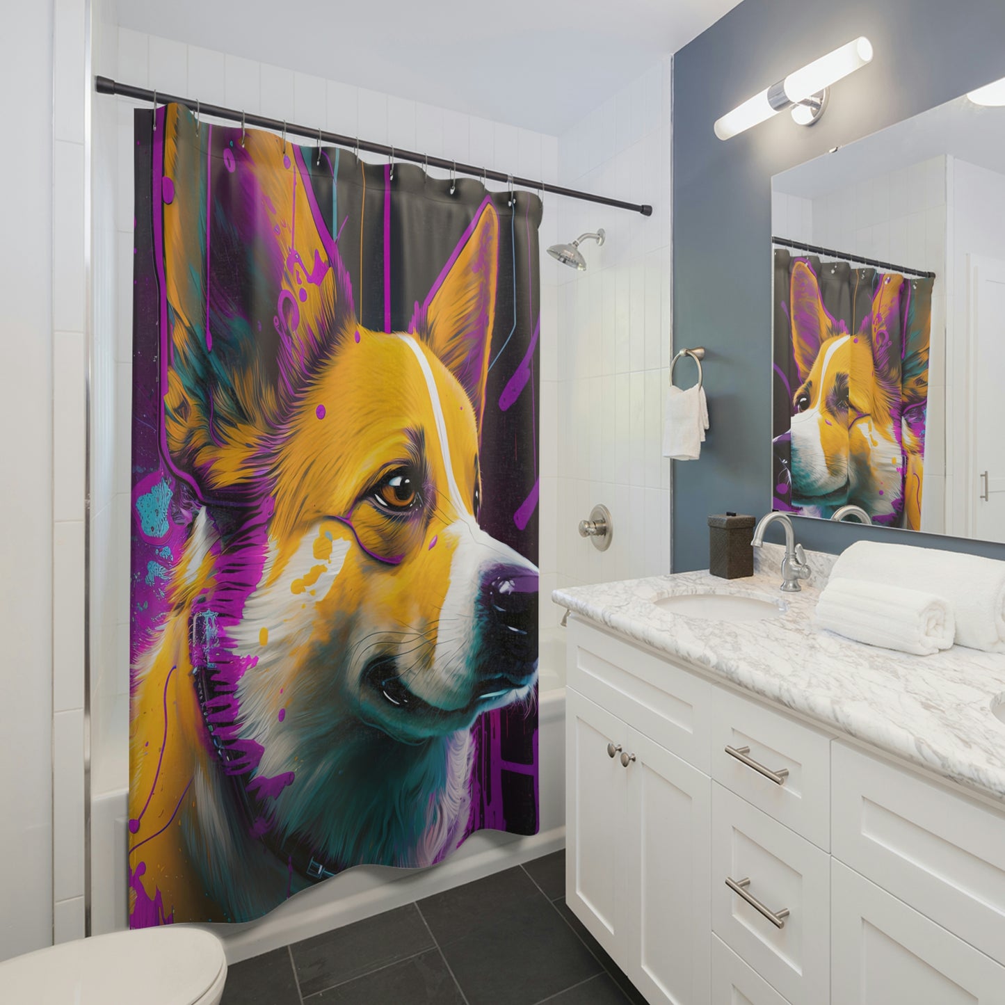 Purple Paint Drip Corgi Shower Curtains